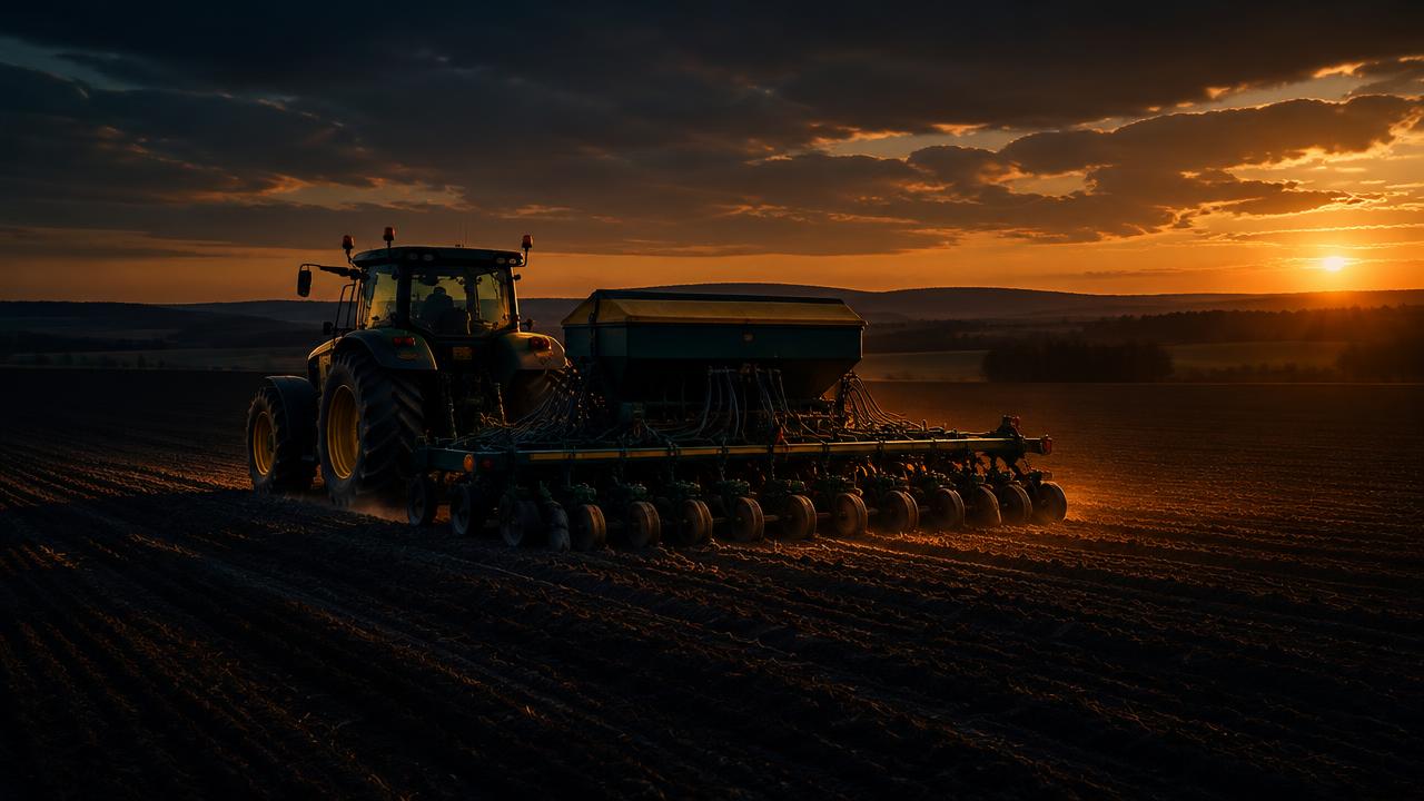 Tractor pulling a seed drill across a tilled field at golden dusk
