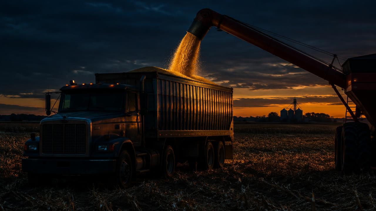 Grain truck being loaded with grain from an auger at dusk