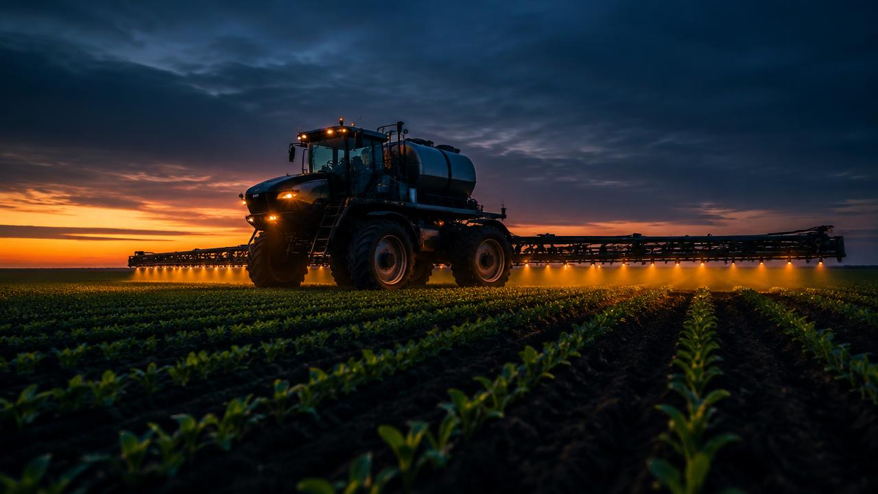 Crop sprayer with a wide sensor boom over young crop rows at dusk