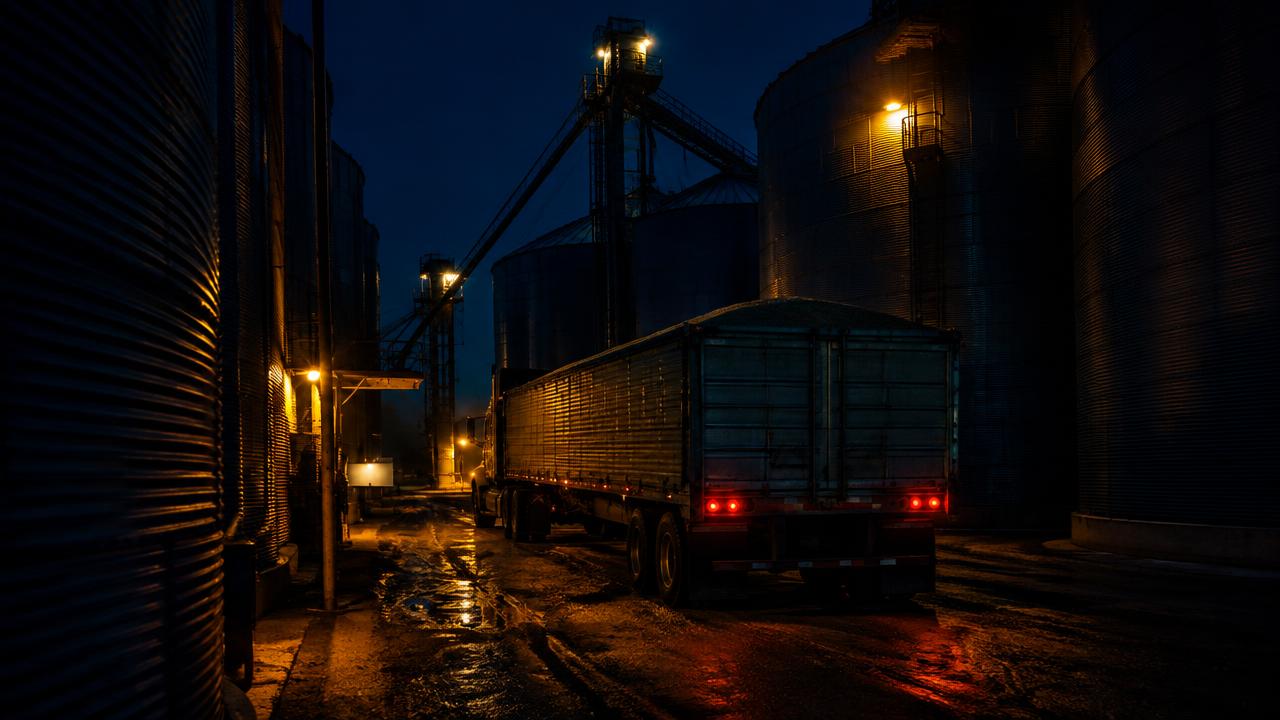 Grain truck backing through a narrow elevator yard at night