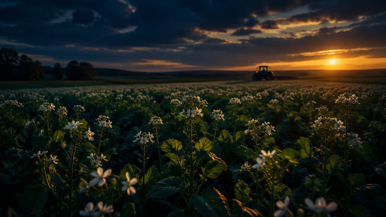 Flowering cover crop field at dusk with a tractor in the distance