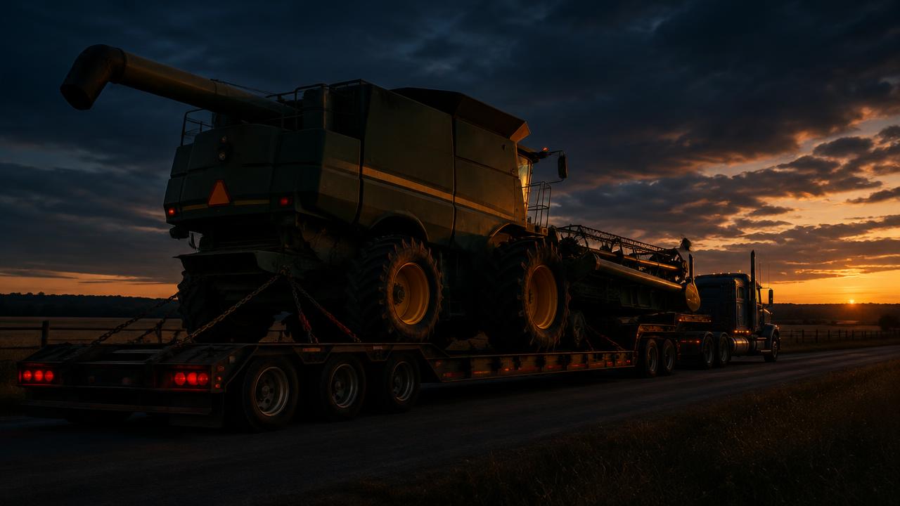 Combine harvester secured on a low-boy trailer at dusk