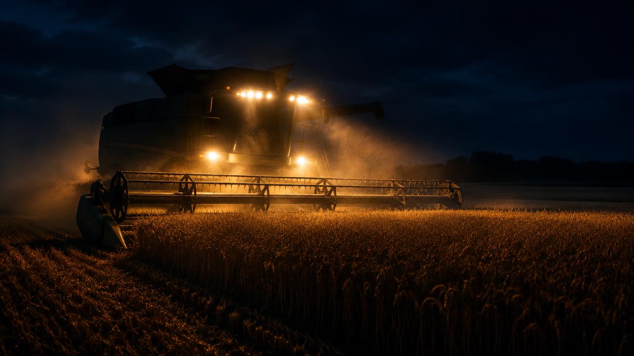 Combine harvester cutting wheat at night with header lights on