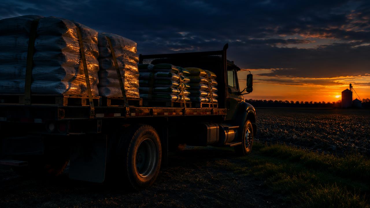 Flatbed truck with pallets of seed and fertilizer bags at a field edge at dusk