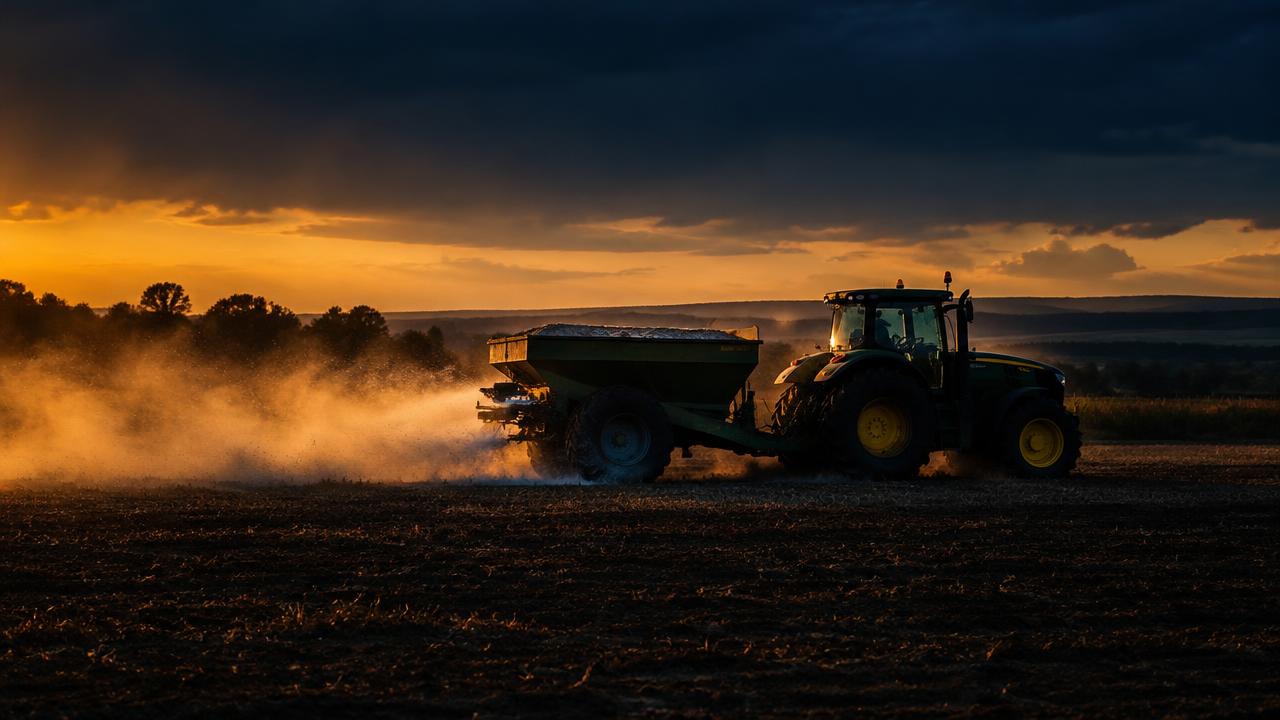 Tractor spreading lime with dust drifting in low golden light