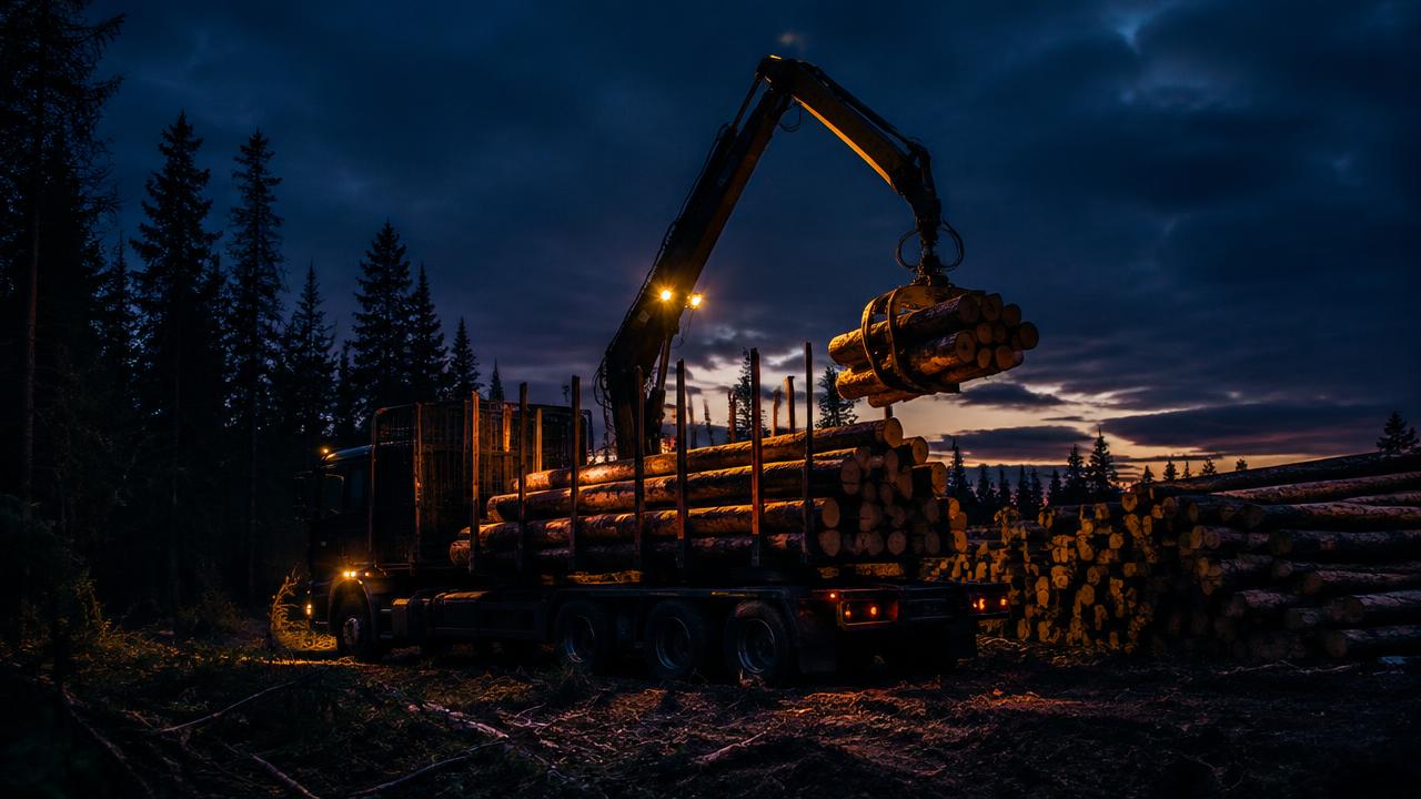 Forestry crane loading logs onto a log truck at dusk