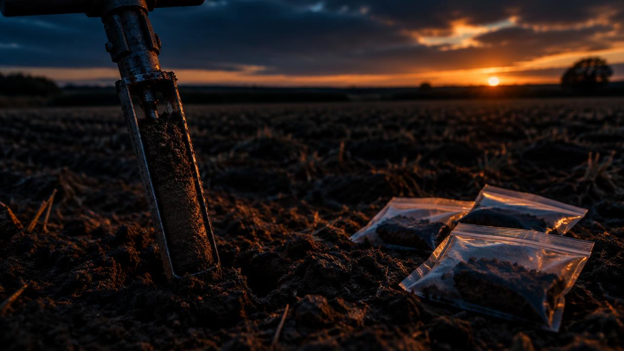 Soil sampling auger pulling a core from a field at dusk