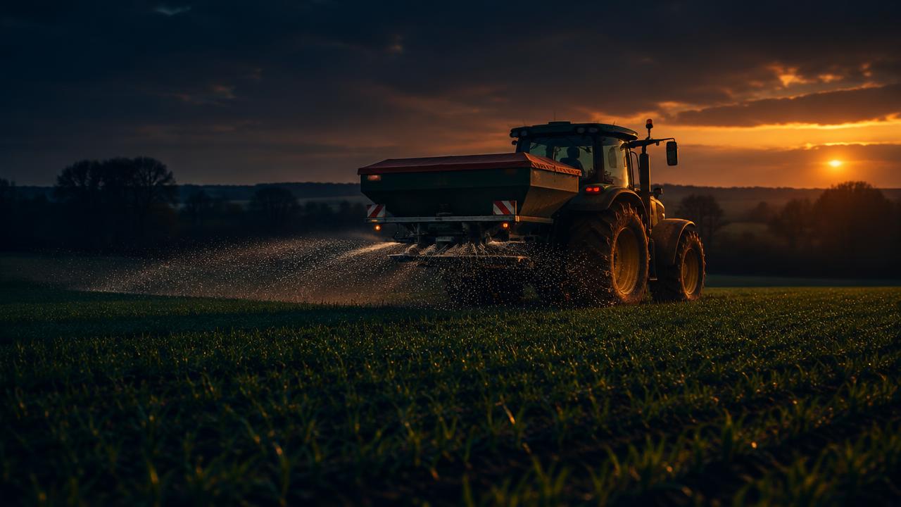 Tractor spreading nitrogen fertilizer on a young green crop at dusk