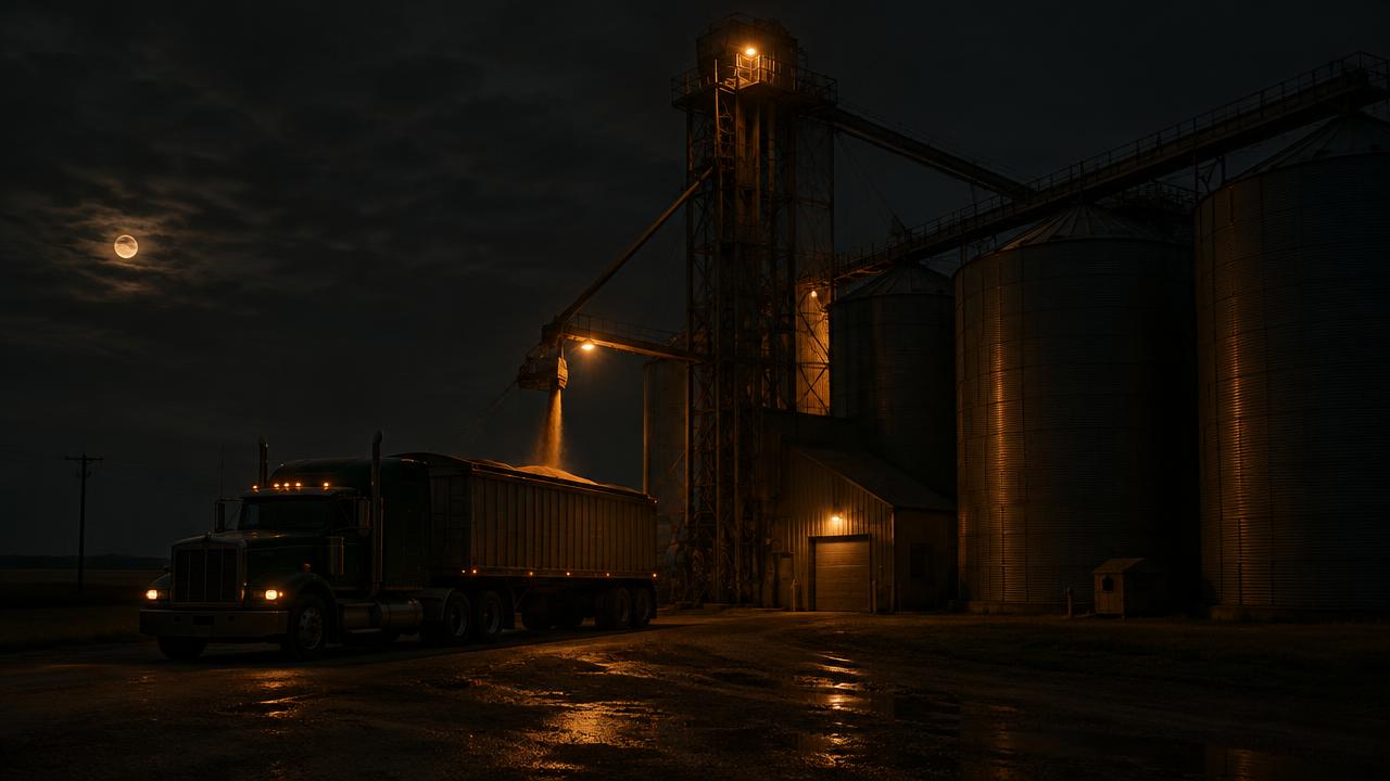 Grain truck at an elevator at night